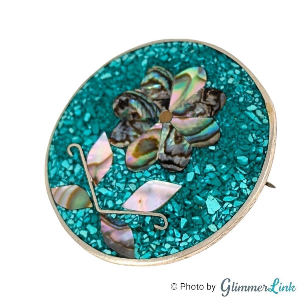 Vintage Alpaca Mexico Floral Inlay Abalone Shell Silver Tone Brooch Pendant - Picture 3 of 7